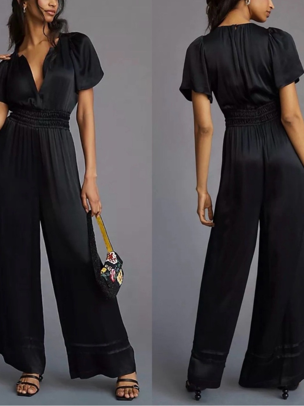 Anthropologie Black Satin Short-Sleeve Wide-Leg Jumpsuit